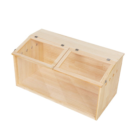 Transparent wooden hamster cage with hinged lids and ventilation holes for small pets