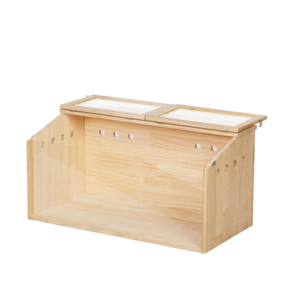 wooden hamster cage with ventilation holes and hinged top panels for easy access