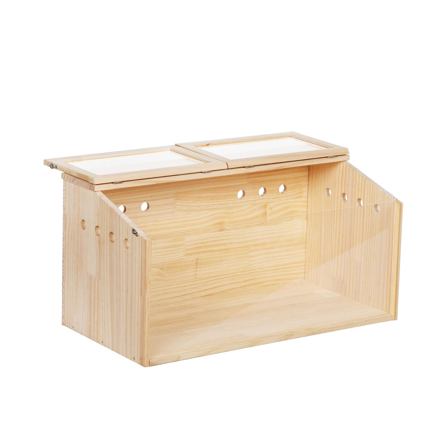Transparent wooden hamster cage with ventilation holes and hinged top panels