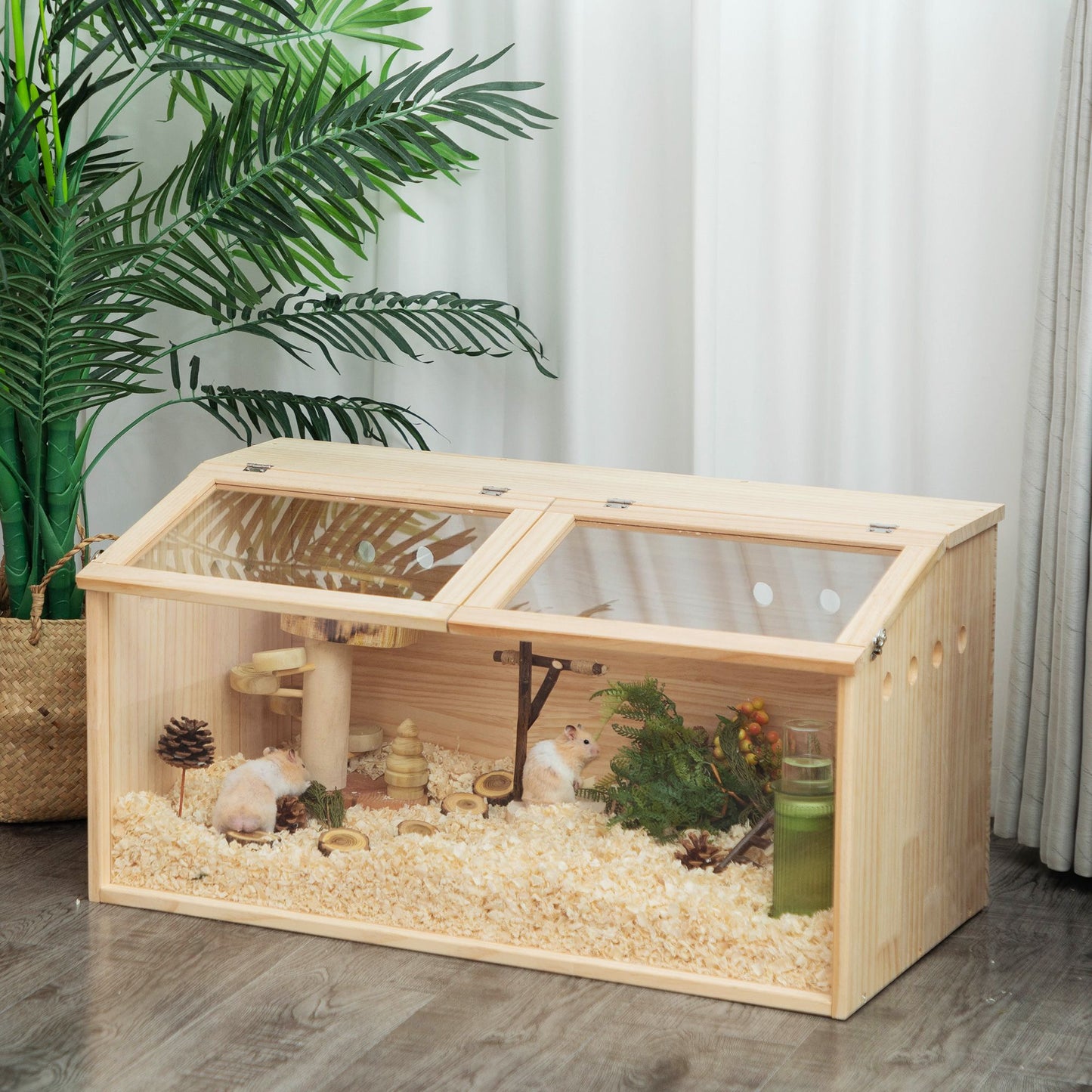 Transparent wooden hamster cage with clear panels and bedding housing two hamsters