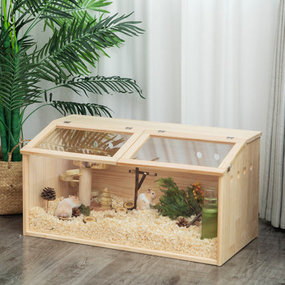 Transparent wooden hamster cage with clear panels and bedding housing two hamsters