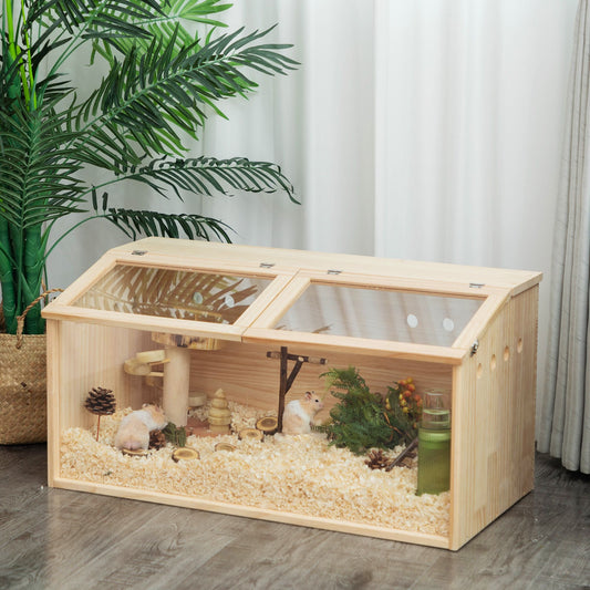 Transparent wooden hamster cage with clear panels and bedding housing two hamsters