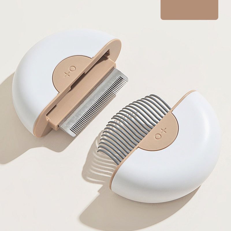Compact white and beige travel pet grooming comb with dual-sided metal teeth for easy pet care