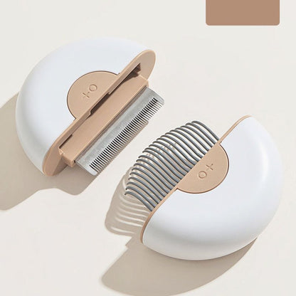 Compact white and beige travel pet grooming comb with dual-sided metal teeth for easy pet care