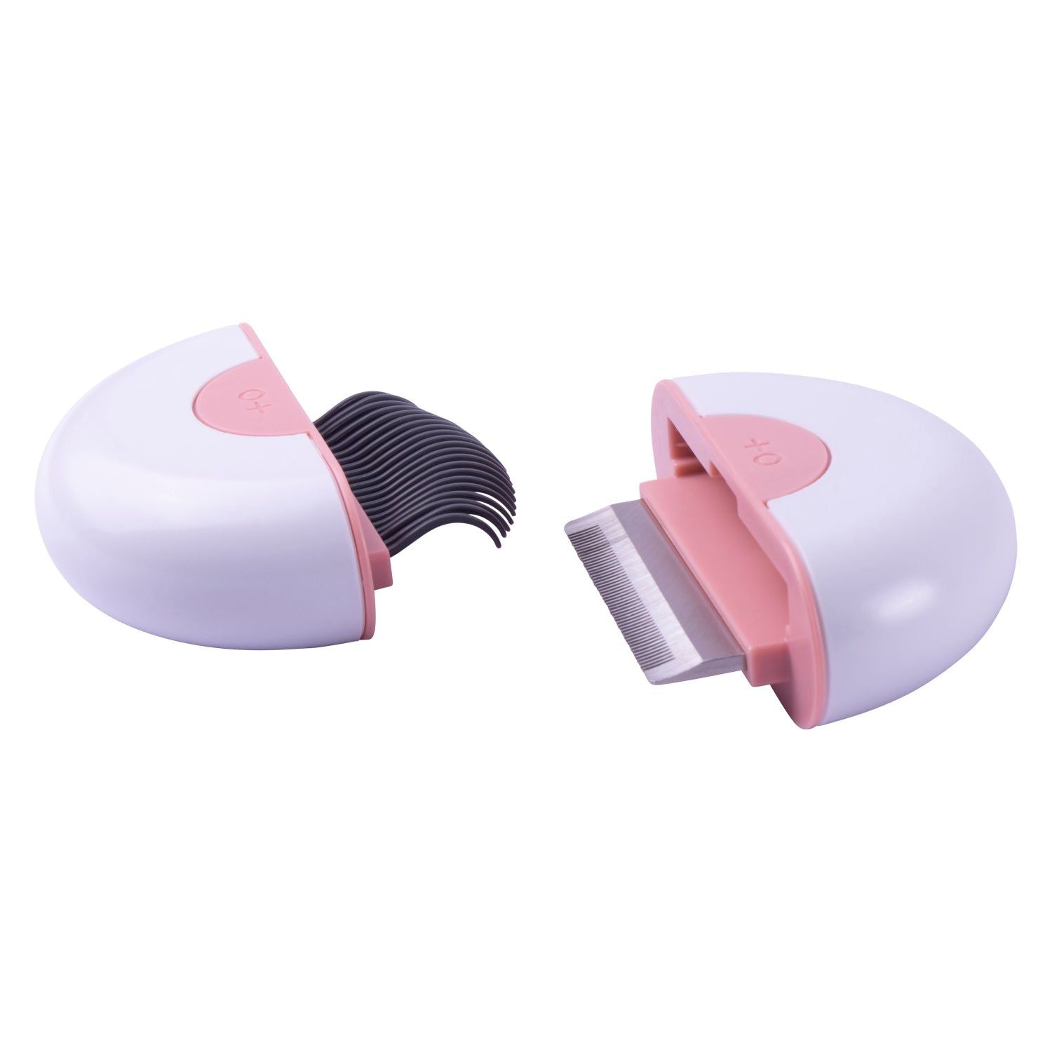 Compact white and pink travel pet grooming comb with fine metal teeth and black plastic comb for pets
