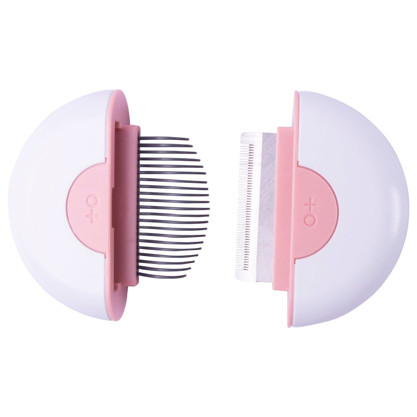 Compact pink and white travel pet grooming comb with fine and wide teeth for pet care