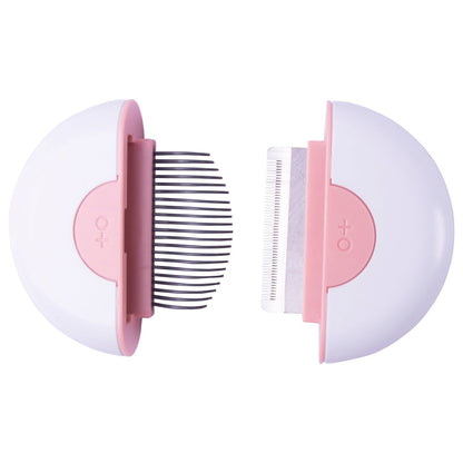 Compact pink and white travel pet grooming comb with fine and wide teeth for pet care