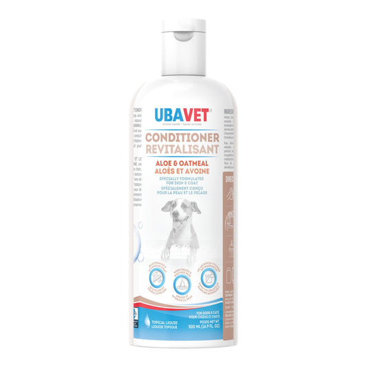 Aloe oatmeal conditioner for pets by American Pet Supplies in white bottle with blue and red label
