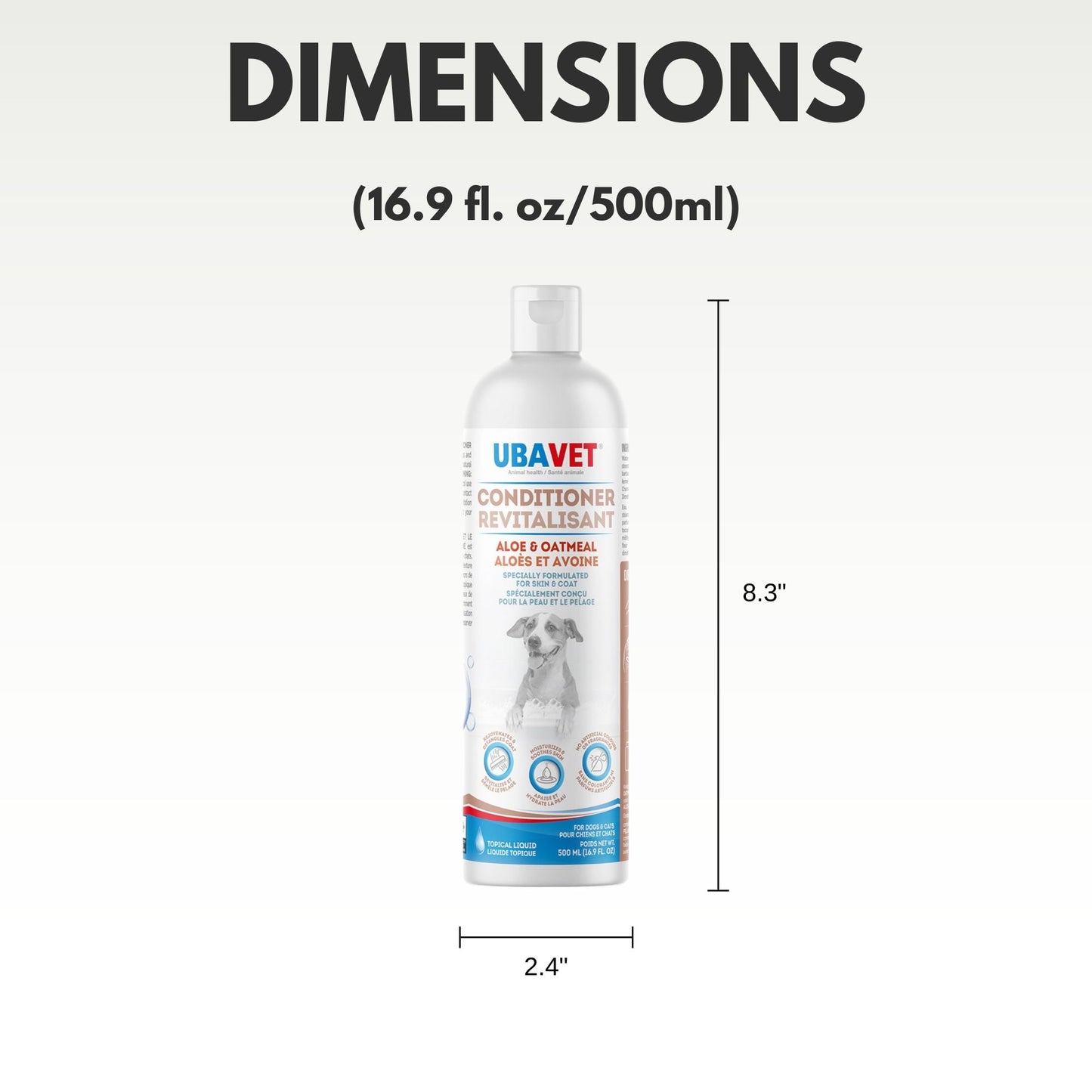 16.9 fl oz bottle of aloe oatmeal conditioner for pets by American Pet Supplies with product dimensions