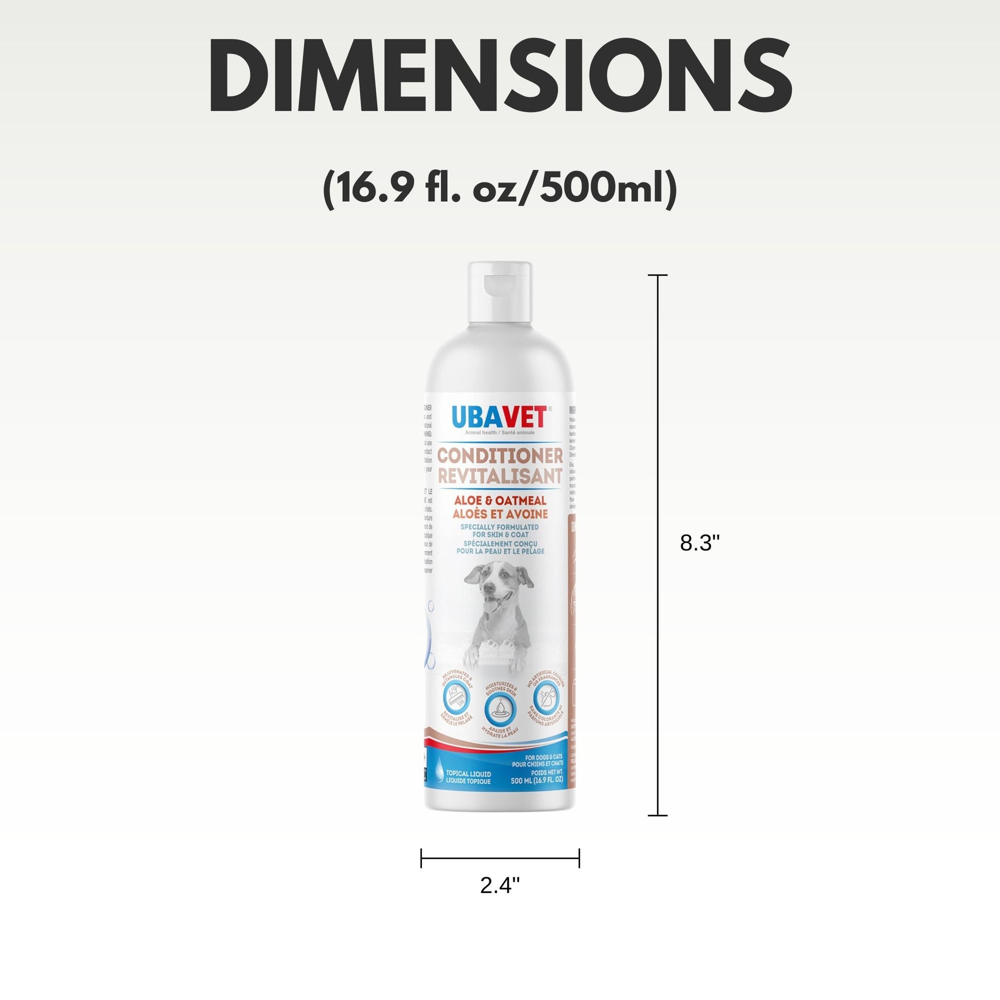 16.9 fl oz bottle of aloe oatmeal conditioner for pets by American Pet Supplies with product dimensions