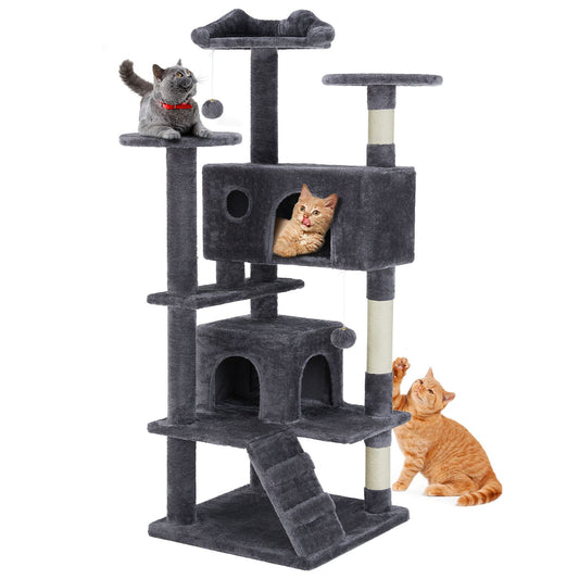 54 inch cat tree tower in dark gray with multiple platforms and cozy hideouts for cats