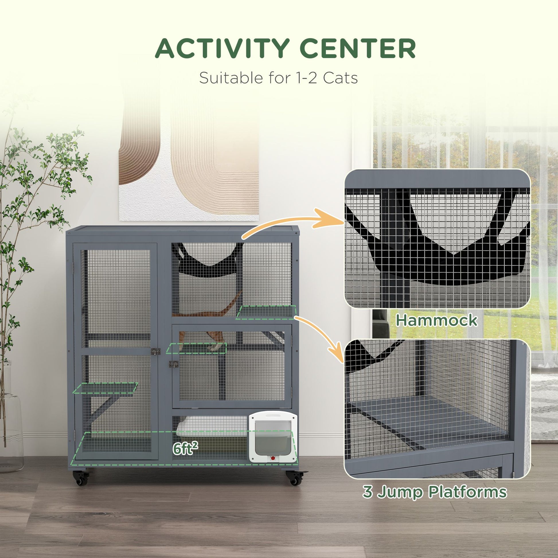 Indoor cat house on wheels with hammock and three jump platforms suitable for 1-2 cats