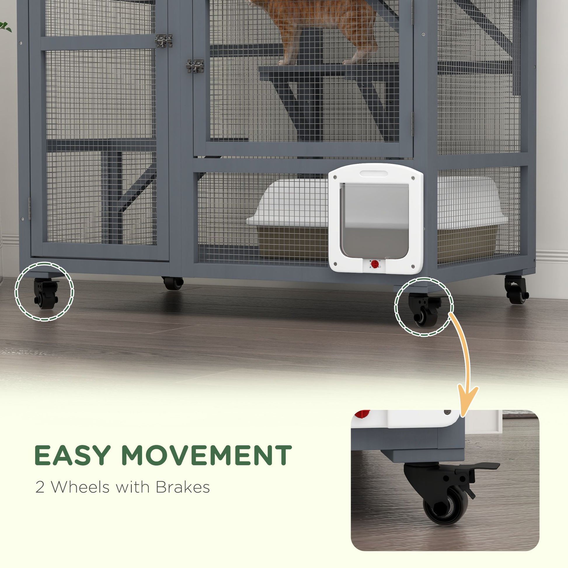 Indoor cat house on wheels featuring easy movement with two wheels and brakes for secure mobility
