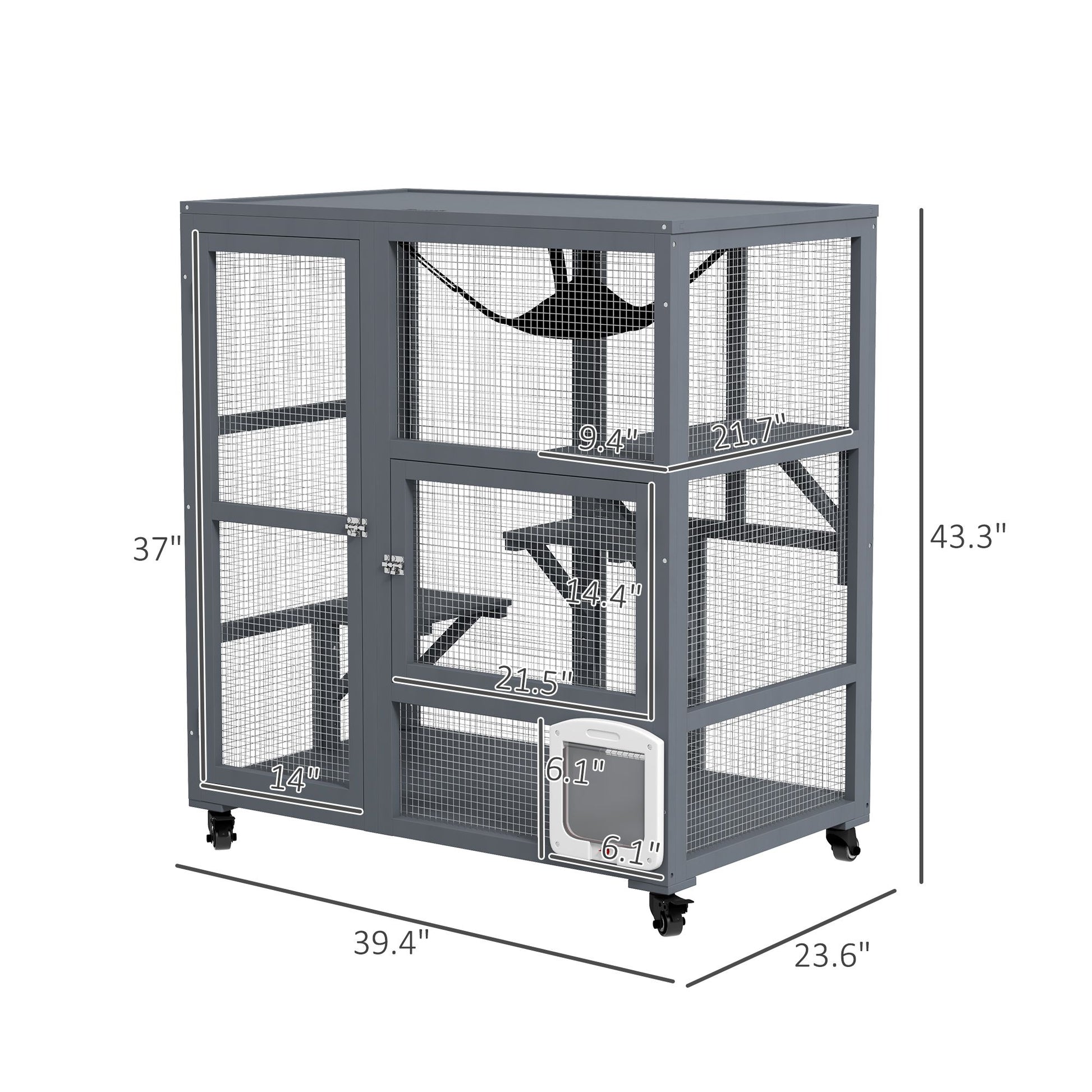 Gray indoor cat house on wheels with mesh sides and multiple platforms for cats