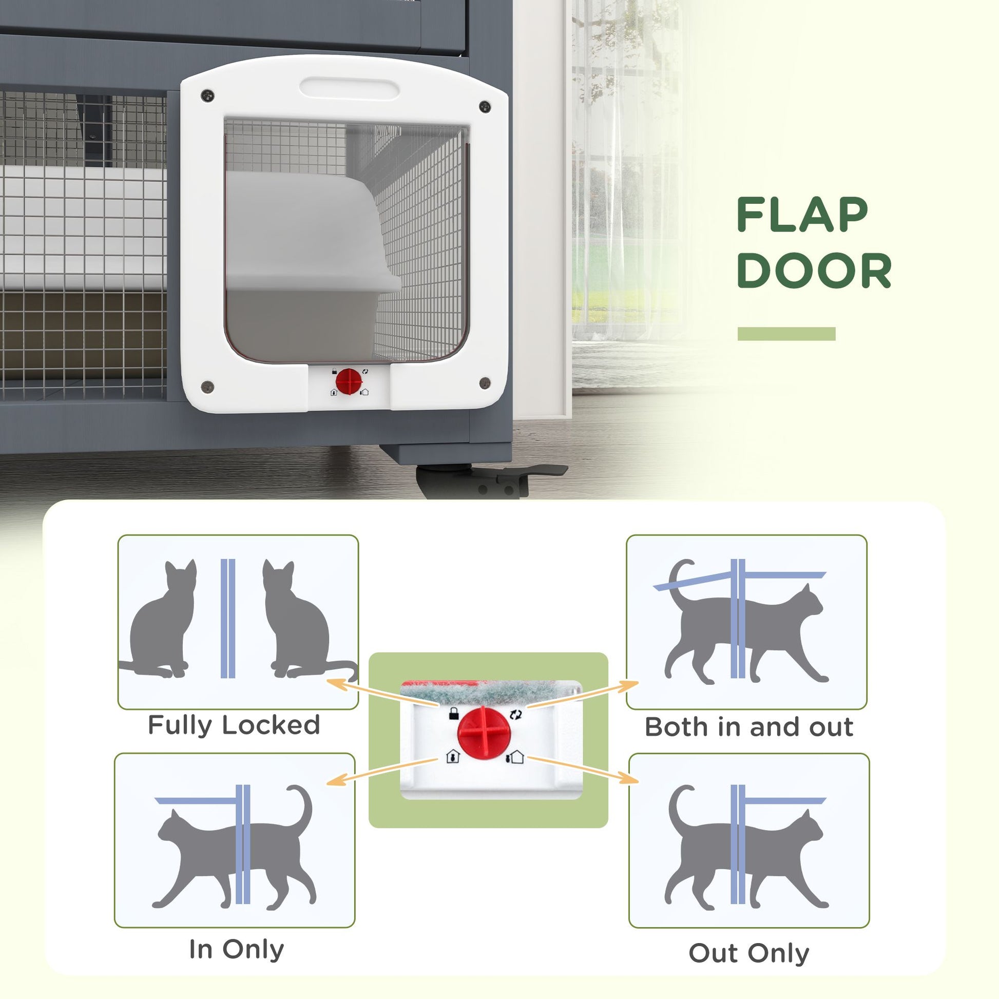 Indoor cat house on wheels flap door with adjustable locking settings for in, out, or fully locked