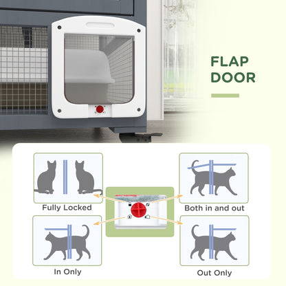 Indoor cat house on wheels flap door with adjustable locking settings for in, out, or fully locked
