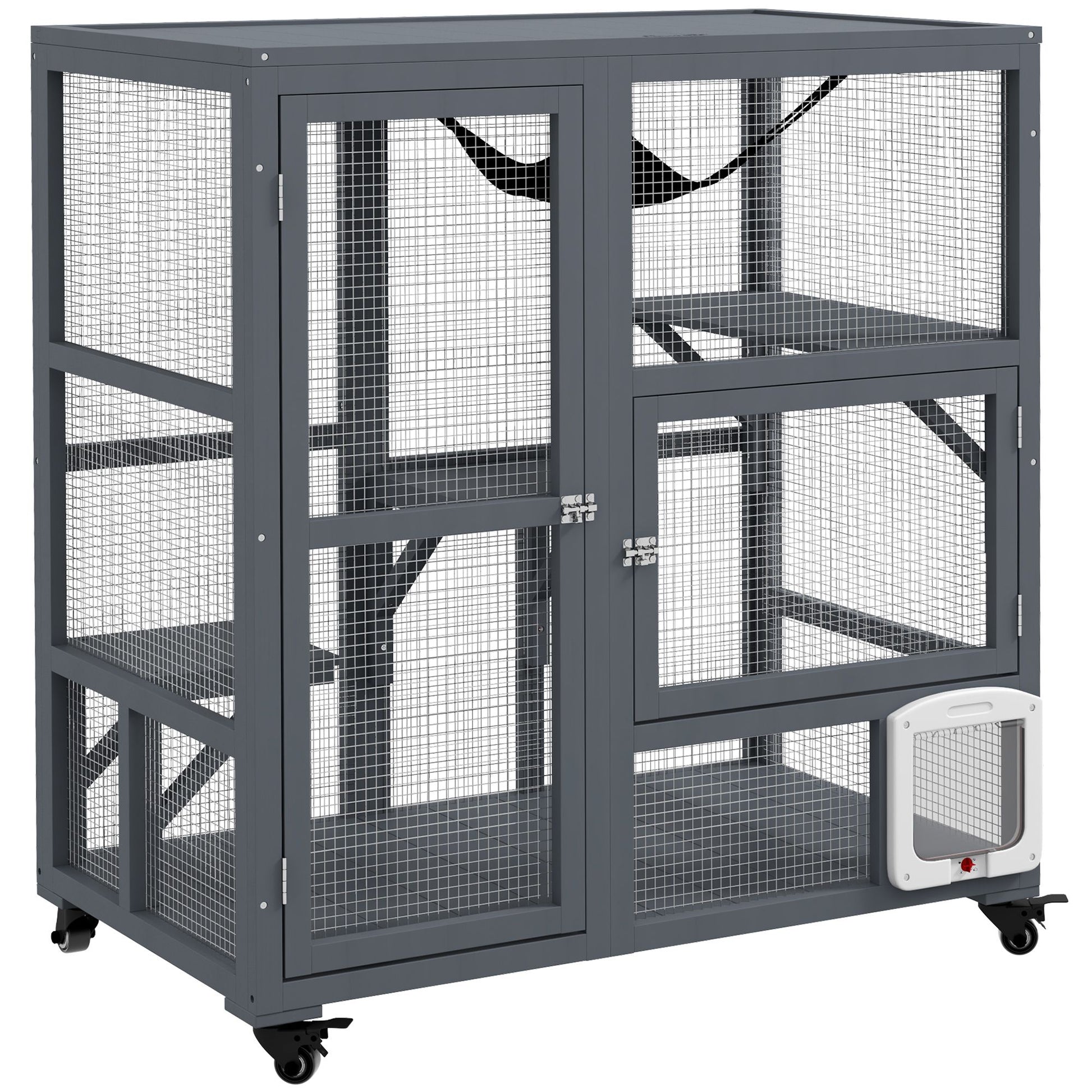 Gray metal indoor cat house on wheels with multiple levels and mesh sides for ventilation