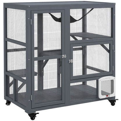 Gray metal indoor cat house on wheels with multiple levels and mesh sides for ventilation