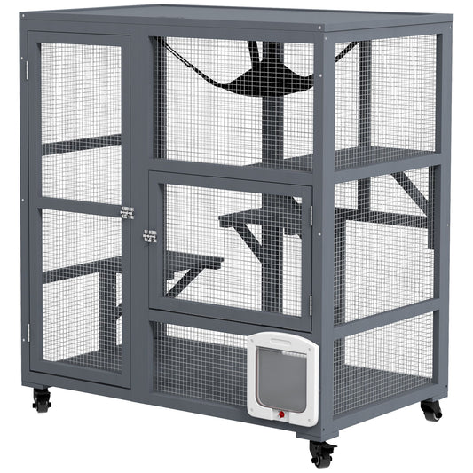 Gray indoor cat house on wheels with mesh sides and multiple platforms for climbing