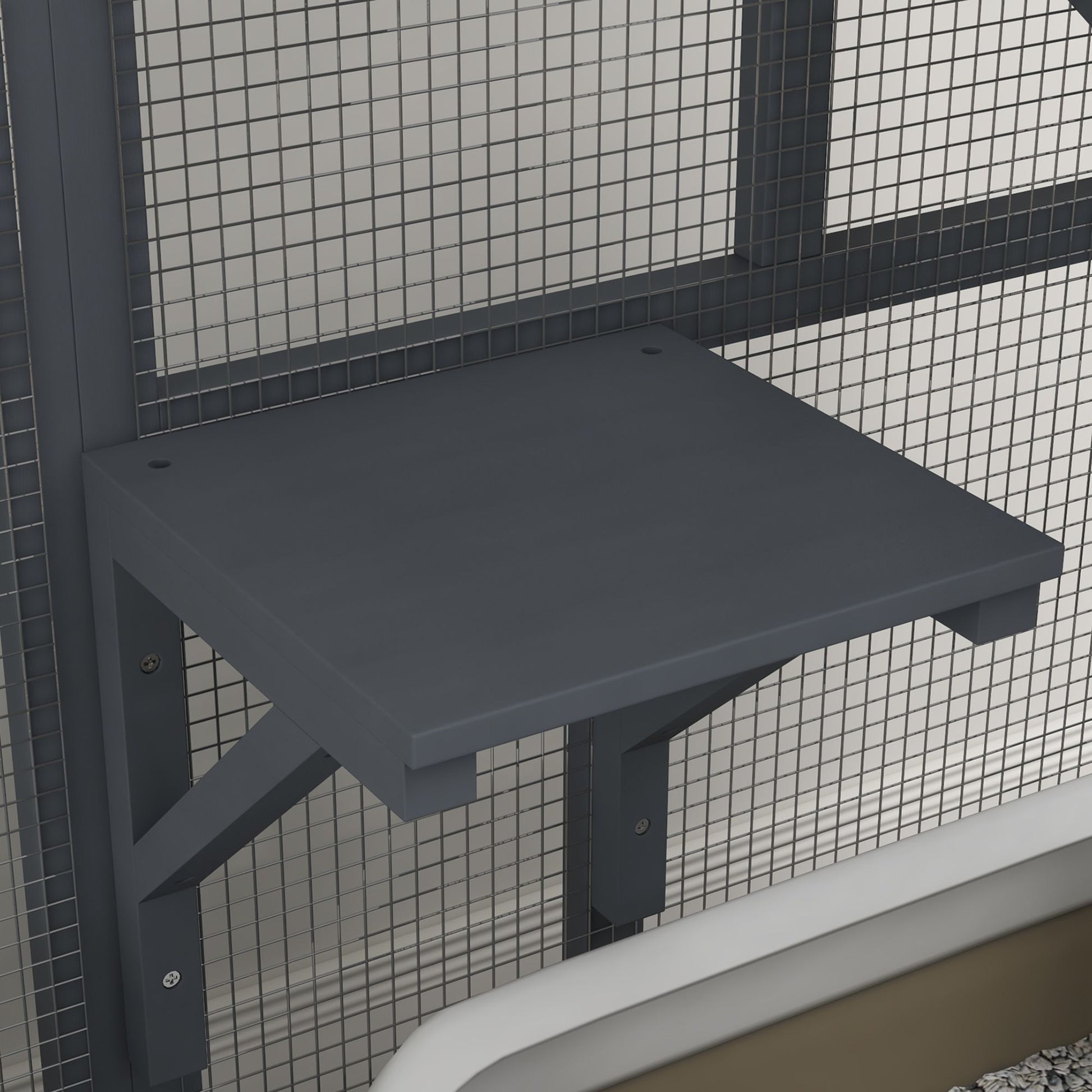 Dark gray wall-mounted platform shelf for indoor cat house on wheels with sturdy support brackets
