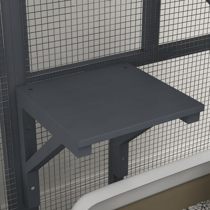 Dark gray wall-mounted platform shelf for indoor cat house on wheels with sturdy support brackets