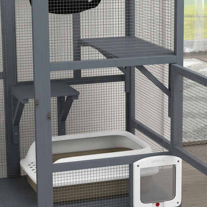 Gray indoor cat house on wheels with mesh sides and a removable white litter box inside