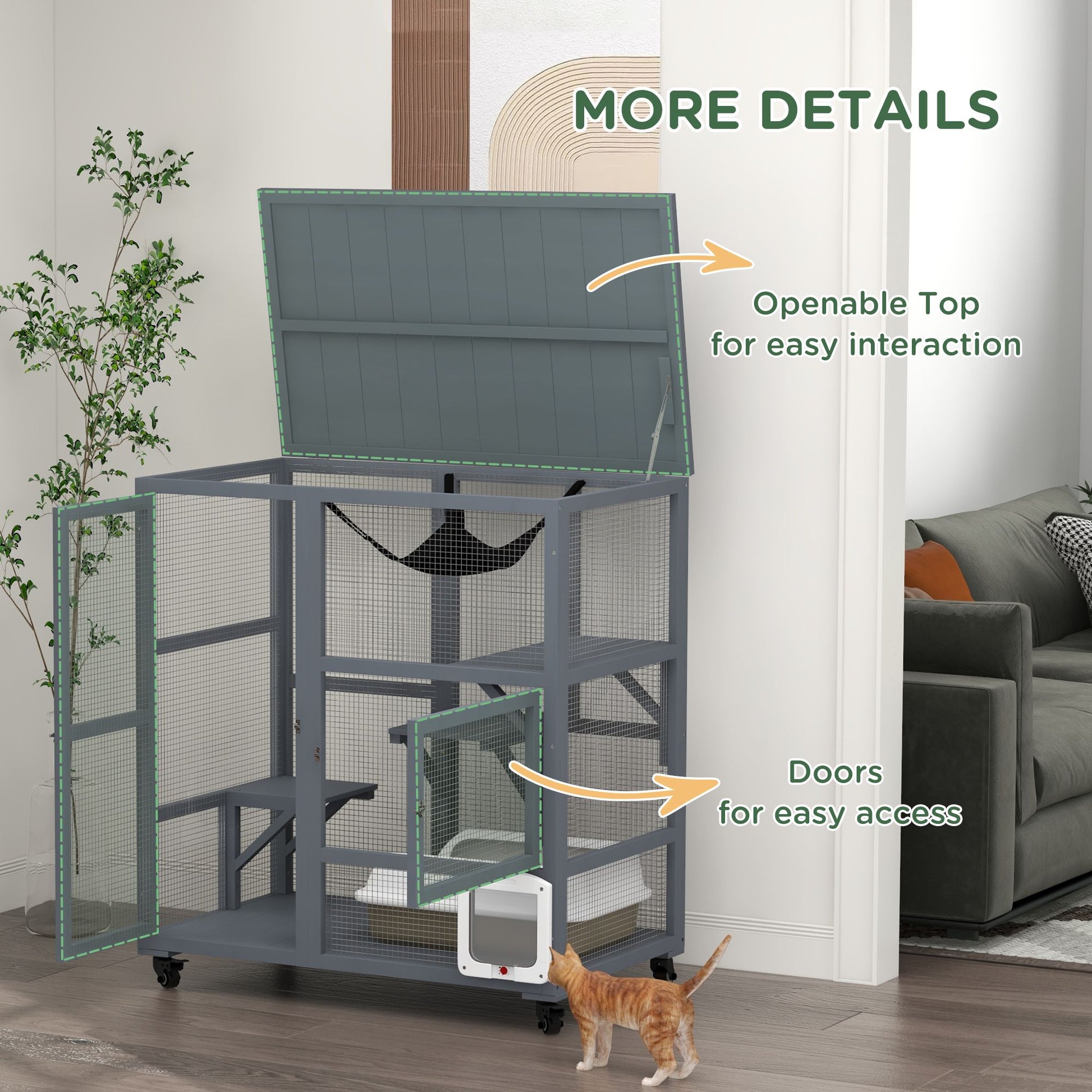 Indoor cat house on wheels with openable top and doors for easy access and interaction
