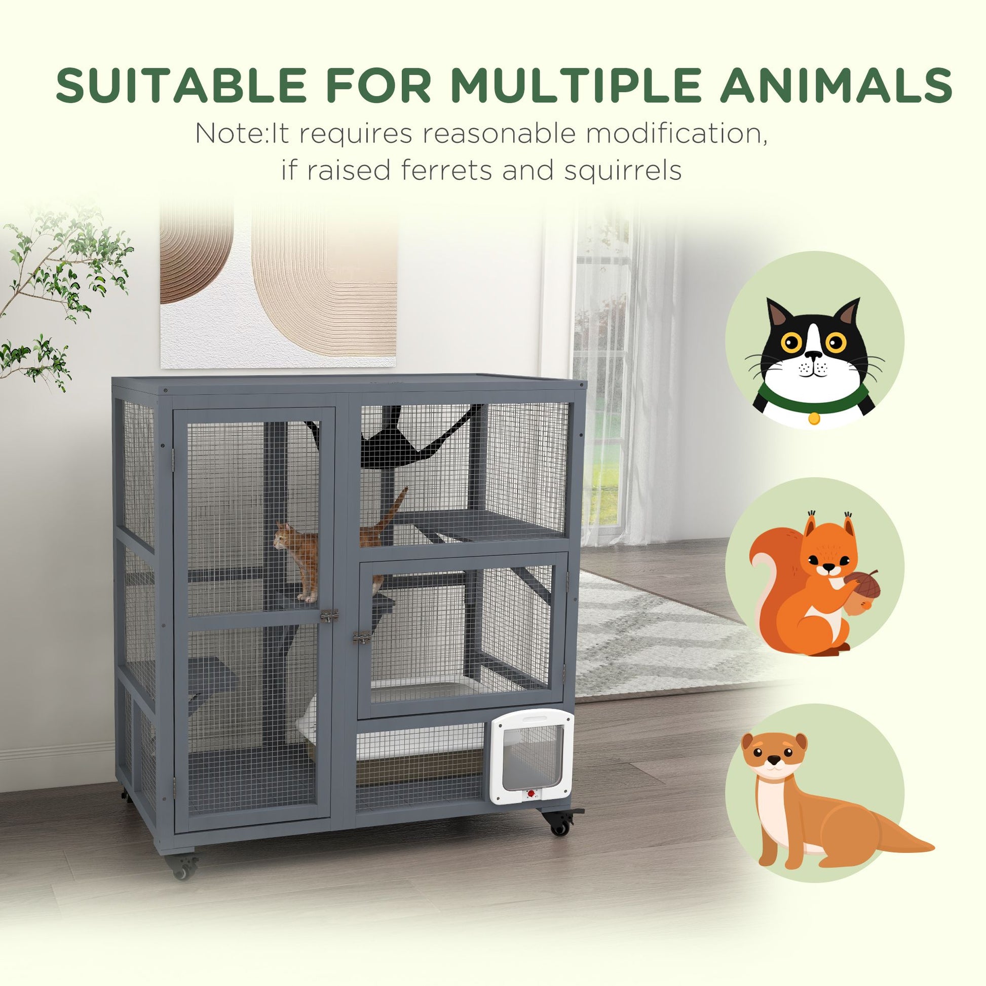 Gray indoor cat house on wheels with mesh panels suitable for multiple animals in a living room