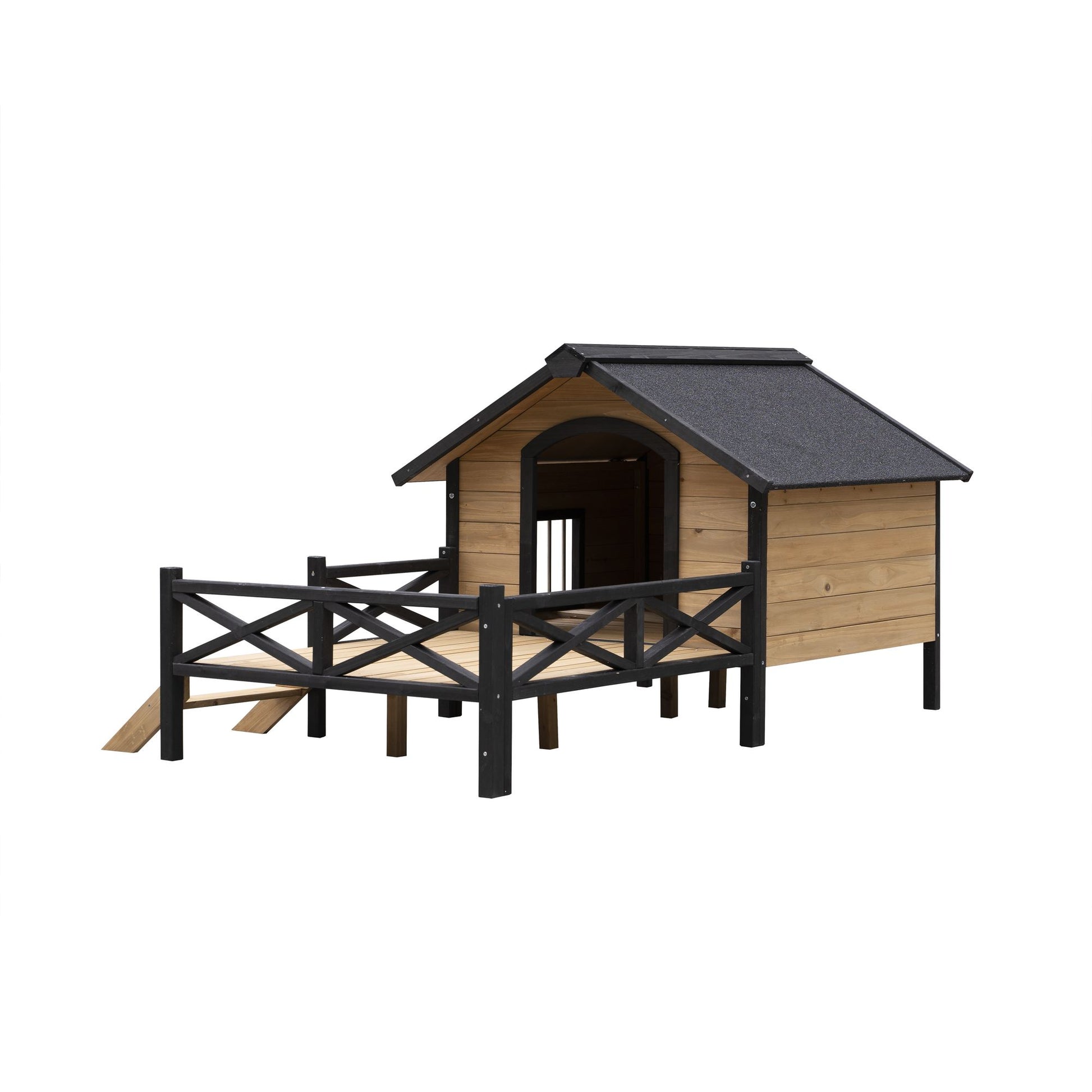 Large wooden dog kennel with black roof and fenced porch area for outdoor pet comfort