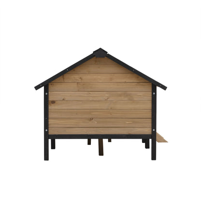 Large wooden dog kennel with black frame and natural wood panels for outdoor pet shelter
