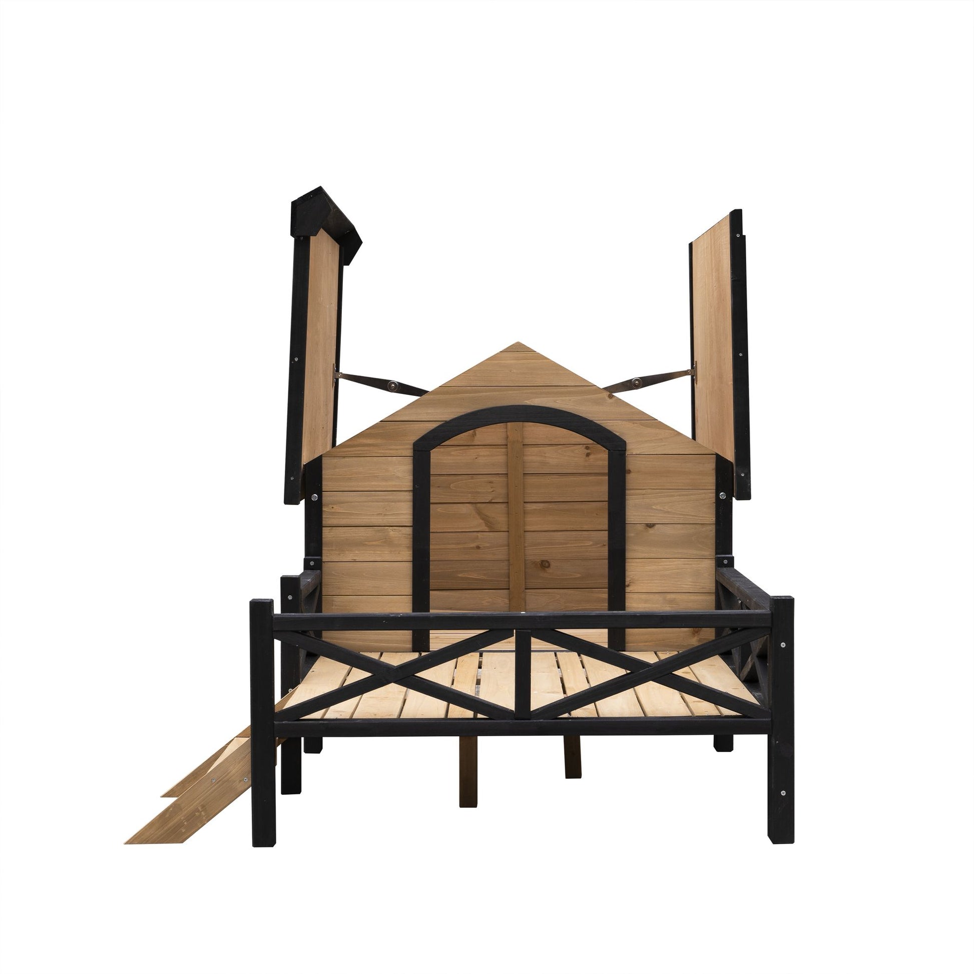 Large wooden dog kennel with black metal frame and opened roof panels for easy access