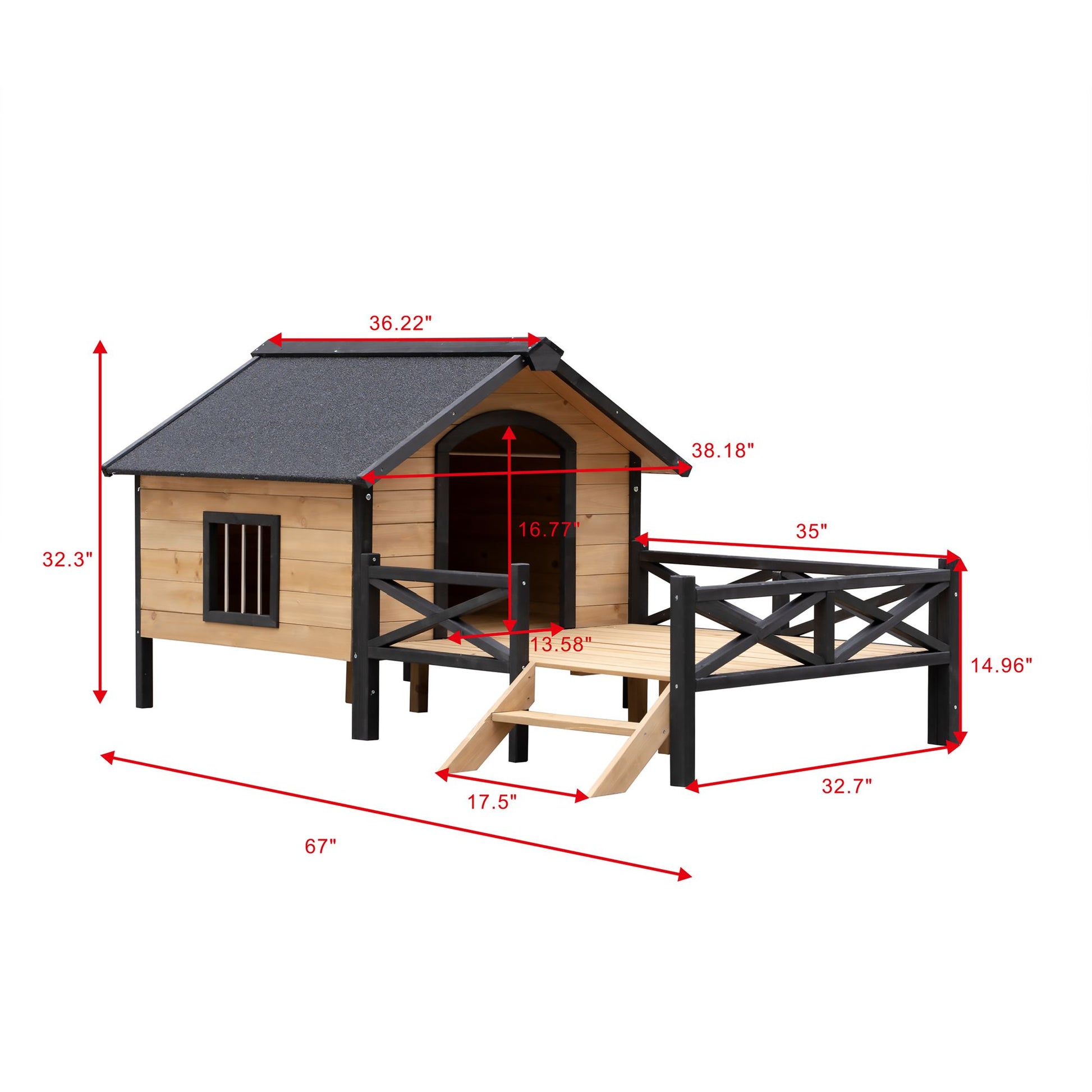 Large wooden dog kennel with attached fenced porch and black roof with detailed measurements
