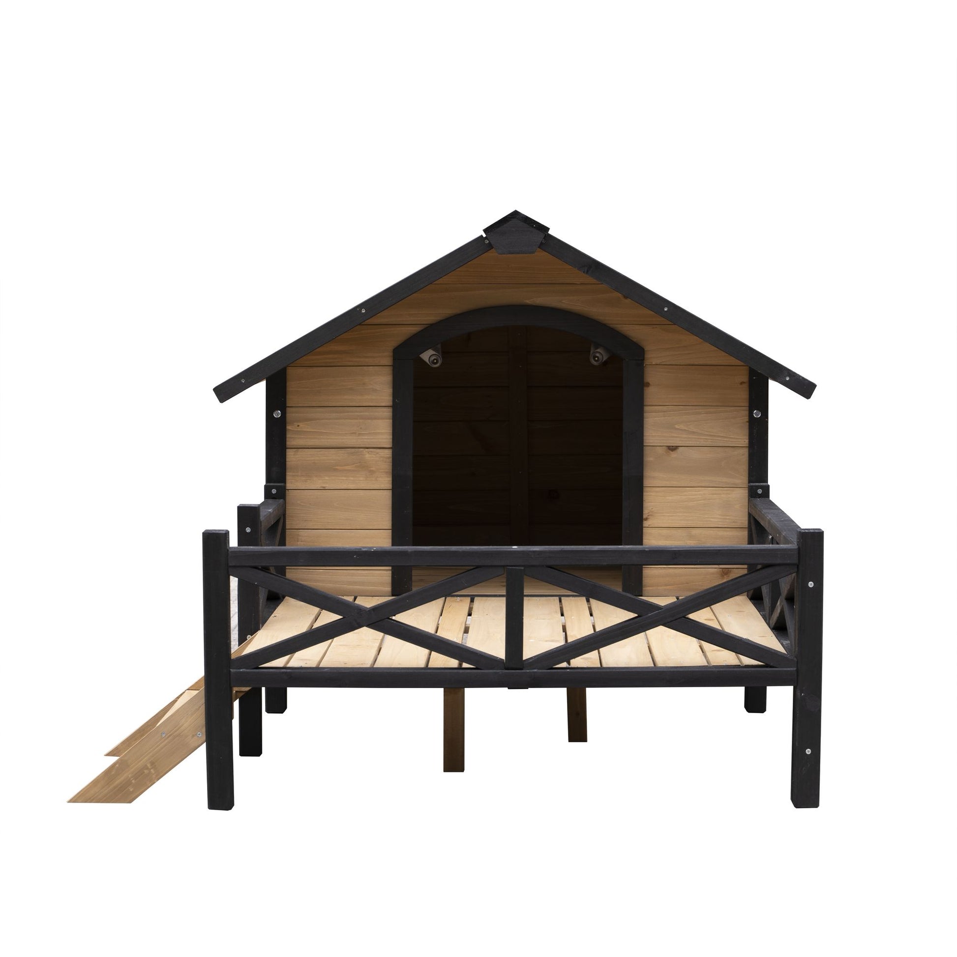 Large wooden dog kennel with black trim and front fenced patio for outdoor pet comfort