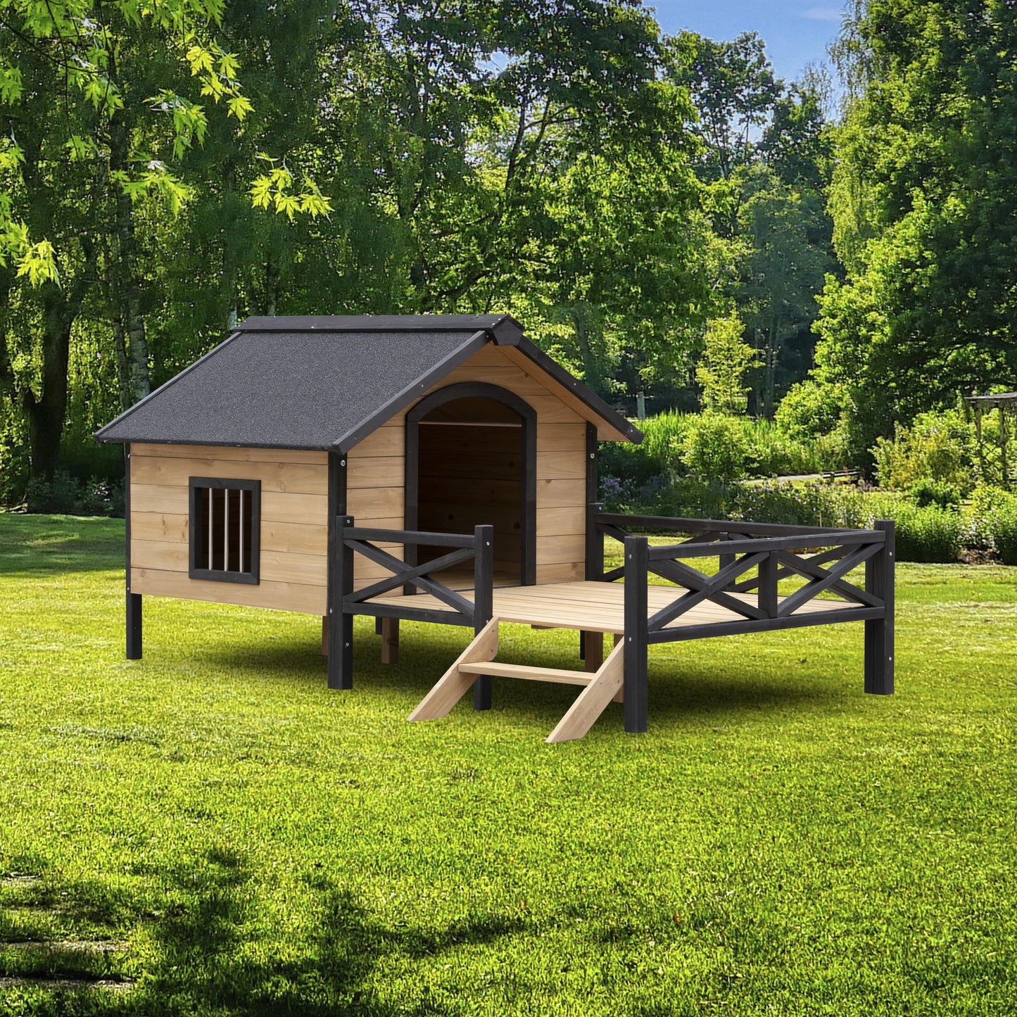 Large wooden dog kennel with black roof and fenced porch on green lawn by PawCounter.com
