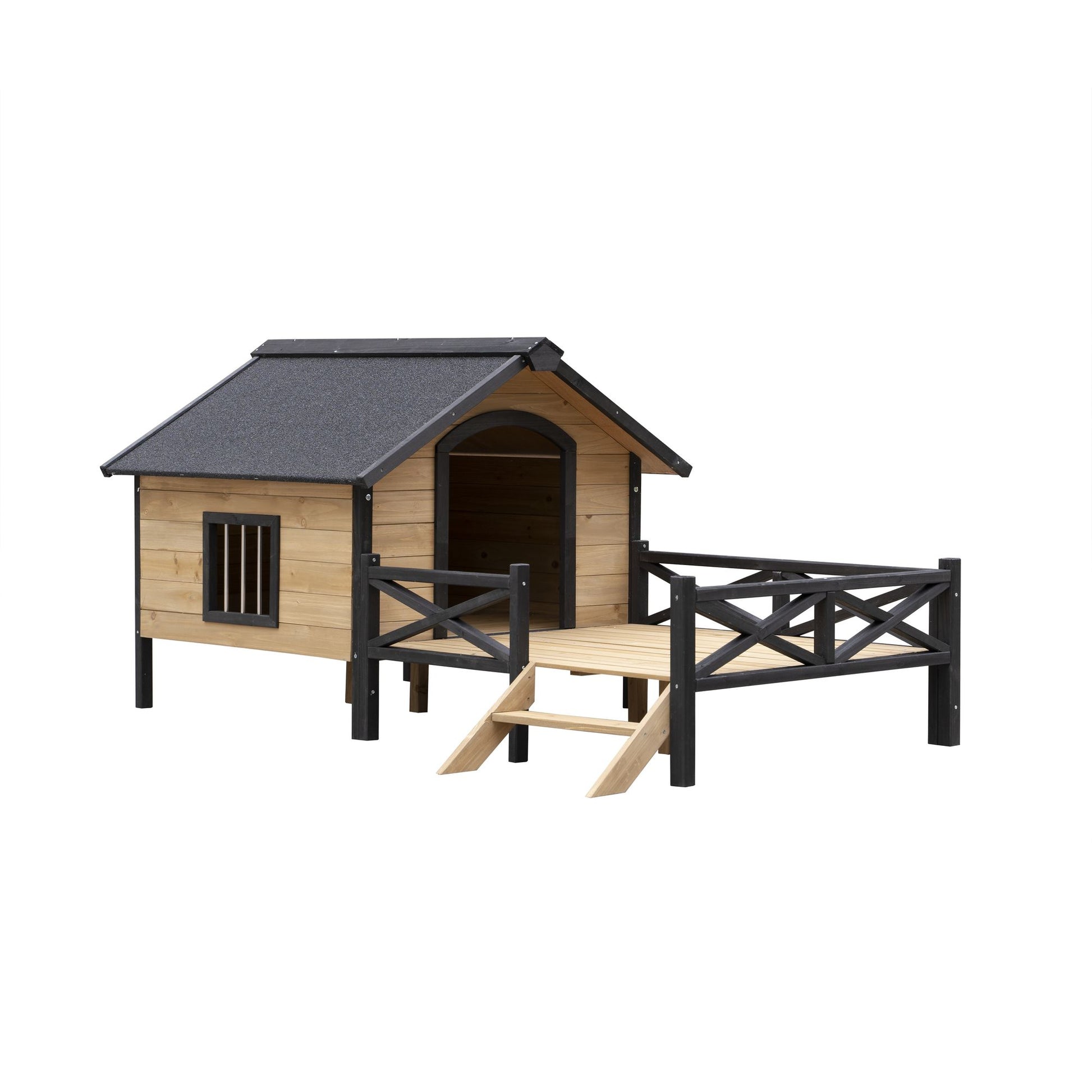 Large wooden dog kennel with black roof and attached fenced porch for outdoor pets