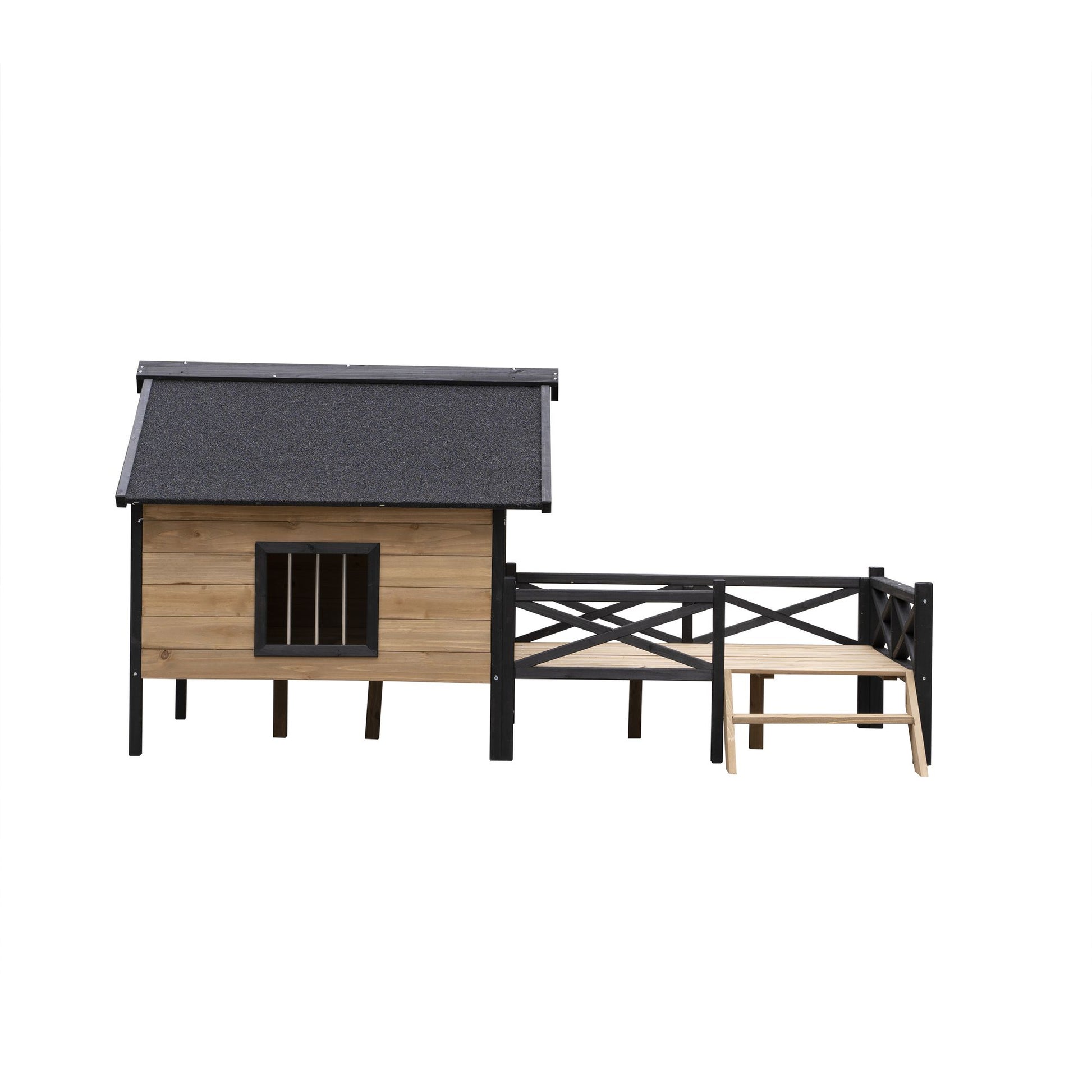 Large wooden dog kennel with black roof and attached fenced patio area for outdoor pet comfort