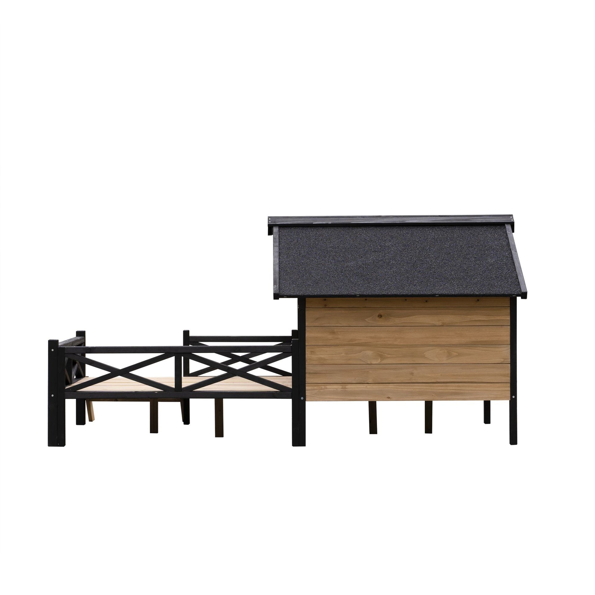 Large wooden dog kennel with black roof and fenced outdoor area for pets