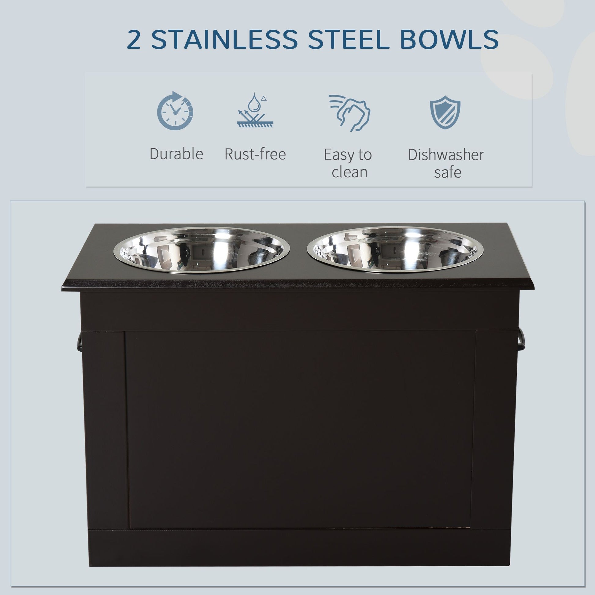Raised dog feeding station with two stainless steel bowls durable rust-free and dishwasher safe
