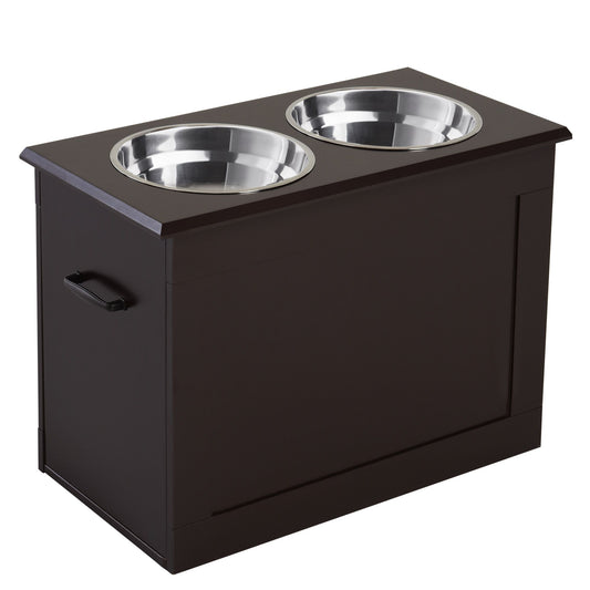 PawCounter.com raised dog feeding station with dark wood finish and two stainless steel bowls