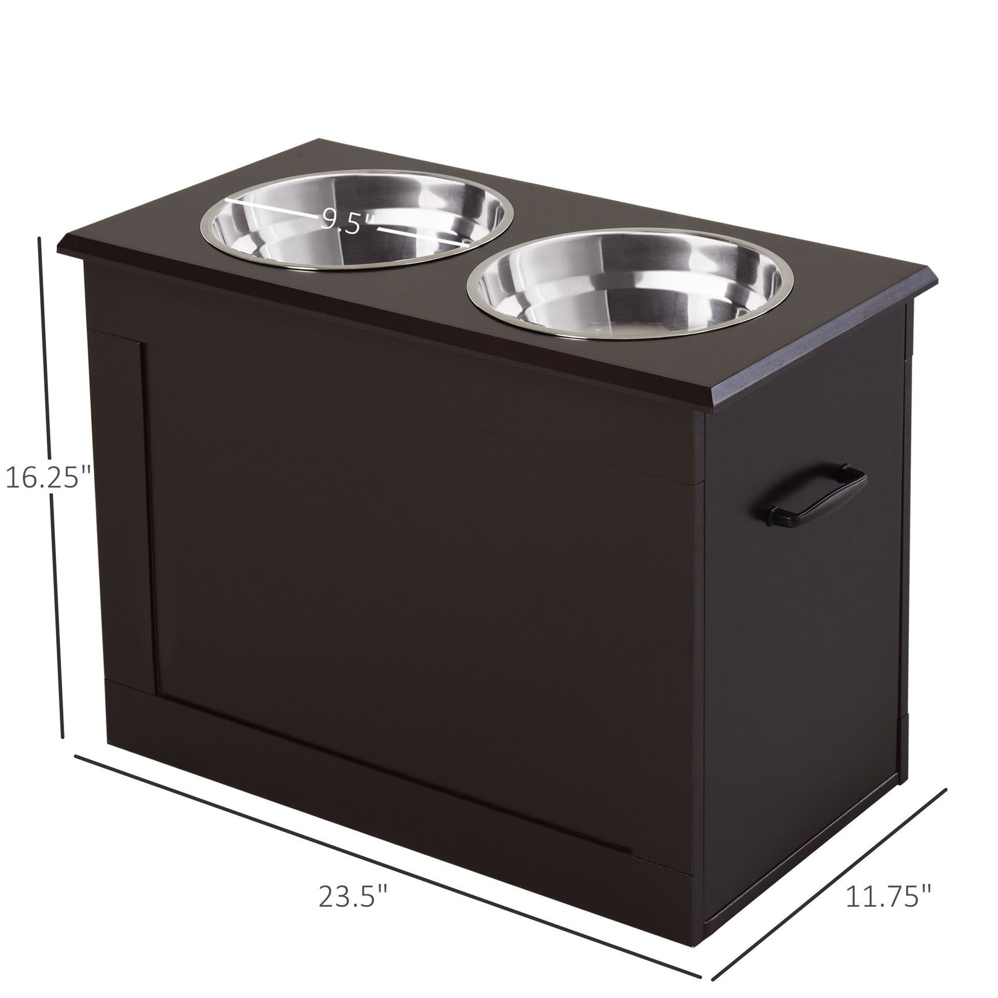 Raised dog feeding station with two stainless steel bowls and dark wood finish from PawCounter.com