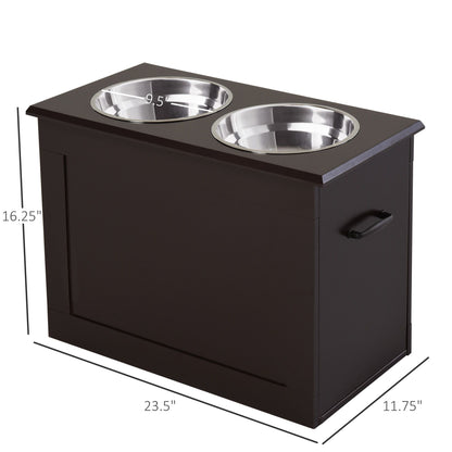 Raised dog feeding station with two stainless steel bowls and dark wood finish from PawCounter.com