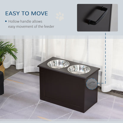 PawCounter.com raised dog feeding station with two stainless steel bowls and hollow handle for easy movement