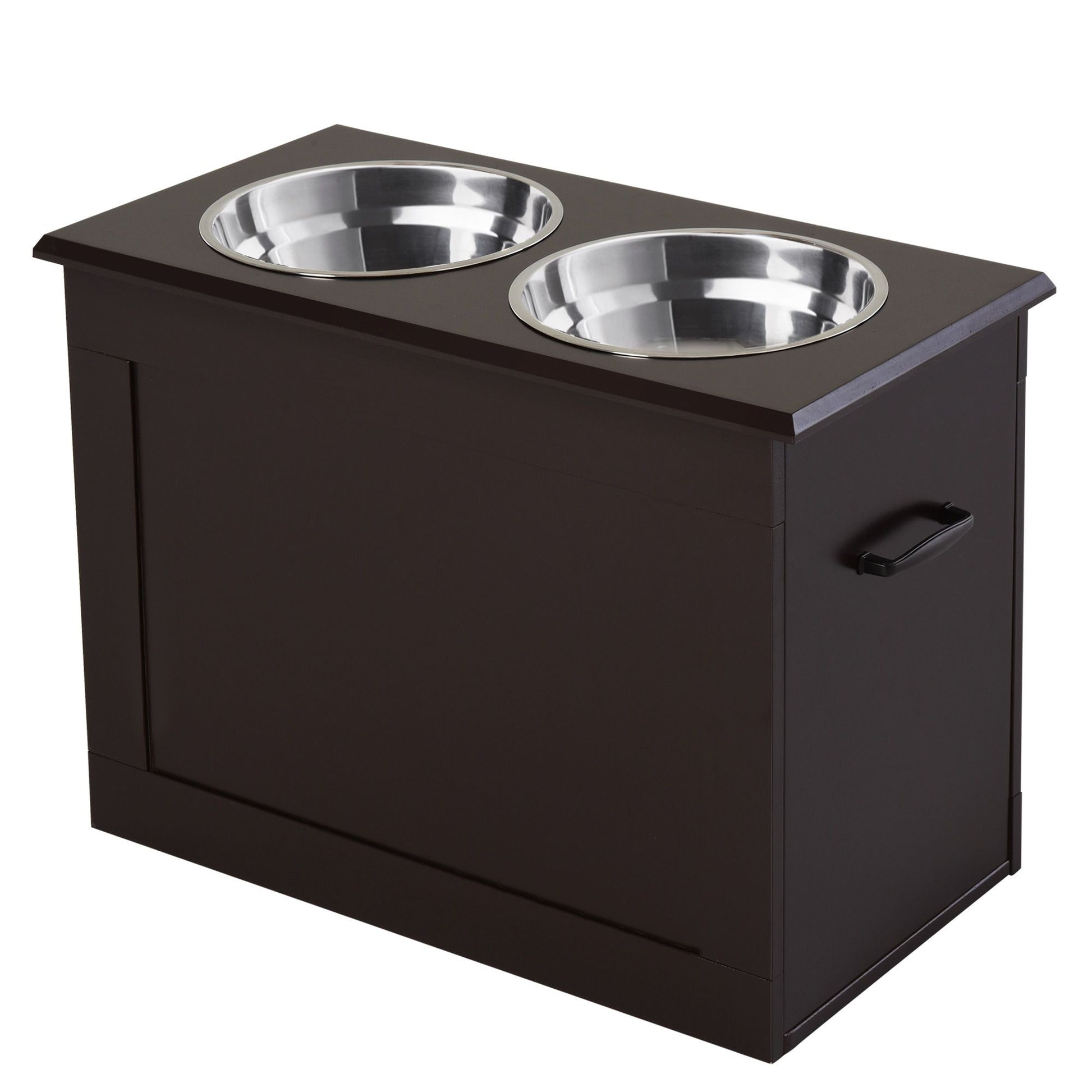 PawCounter.com raised dog feeding station with two stainless steel bowls and dark wooden frame
