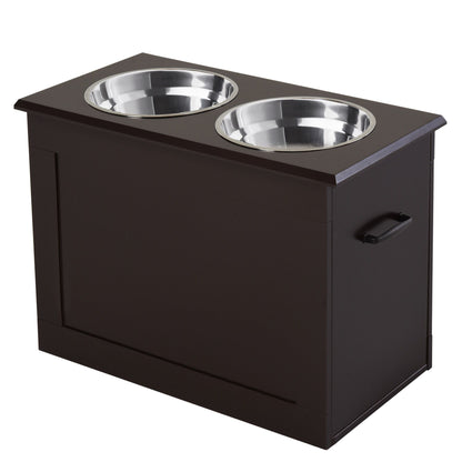 PawCounter.com raised dog feeding station with two stainless steel bowls and dark wooden frame