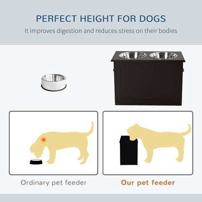 Raised dog feeding station by PawCounter.com with two stainless steel bowls for improved digestion and reduced stress