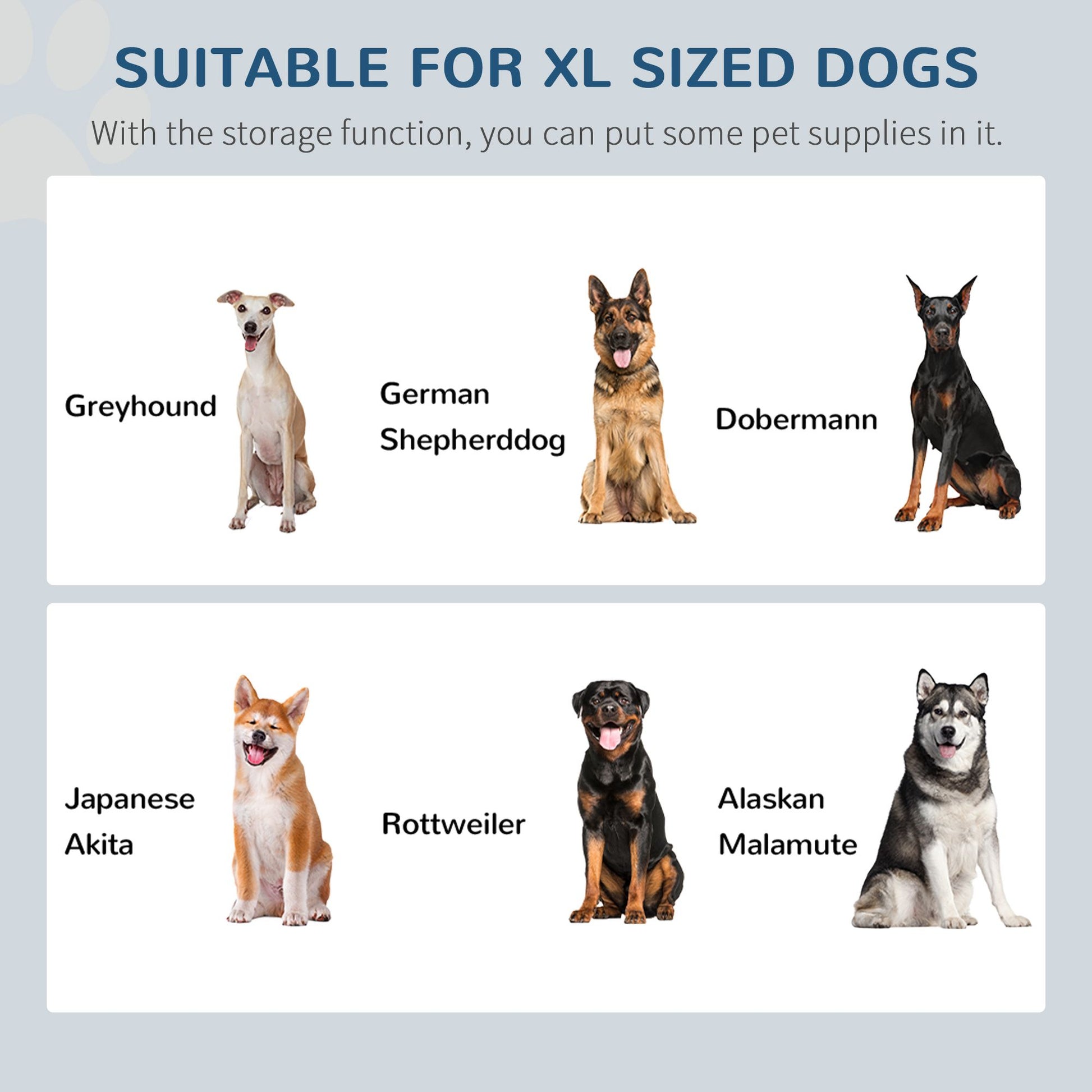 Raised dog feeding station suitable for XL sized dogs including Greyhound, German Shepherd, Dobermann, Japanese Akita, Rottweiler, and Alaskan Malamute