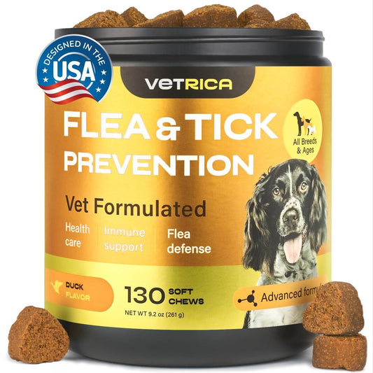 Vetrica dog flea tick prevention chews in duck flavor with 130 soft chews for all breeds and ages