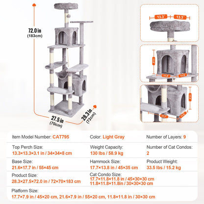 72 inch cat tree with condos in light gray, featuring multiple levels and hammocks for playful cats