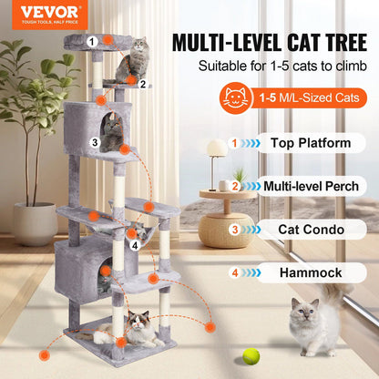 72 inch cat tree with condos for climbing, featuring multiple levels and a cozy hammock
