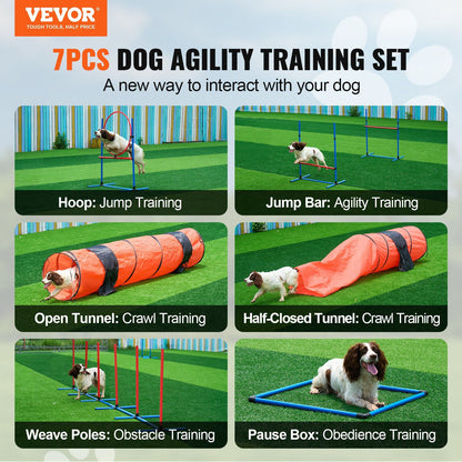 Dog agility training set with hoop, jump bar, open tunnel, half-closed tunnel, weave poles, and pause box for dog agility training set